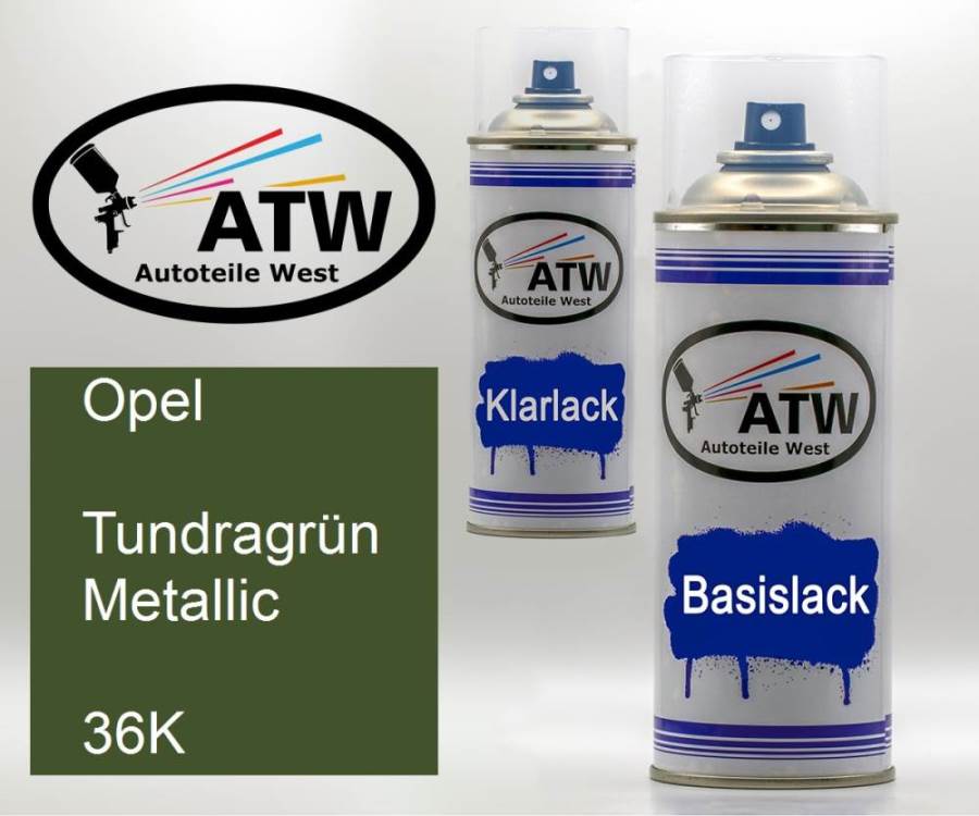 Opel, Tundragrün Metallic, 36K: 400ml Sprühdose + 400ml Klarlack - Set, von ATW Autoteile West.